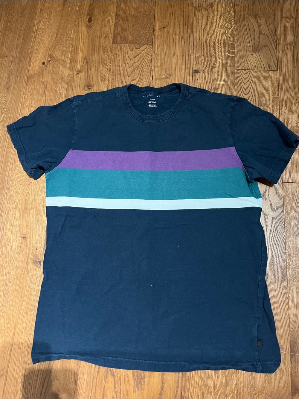 American Eagle Outfitters Navy Short Sleeve Tee with Purple & Teal Stripes